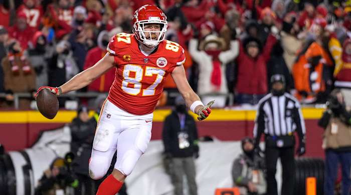 Kansas City Chiefs tight end Travis Kelce (87) celebrates a touchdown catch in the second quarter of the AFC championship NFL game between the Cincinnati Bengals and the Kansas City Chiefs, Sunday, Jan. 29, 2023, at Arrowhead Stadium in Kansas City, Mo. The Chiefs led 13-6 at halftime.